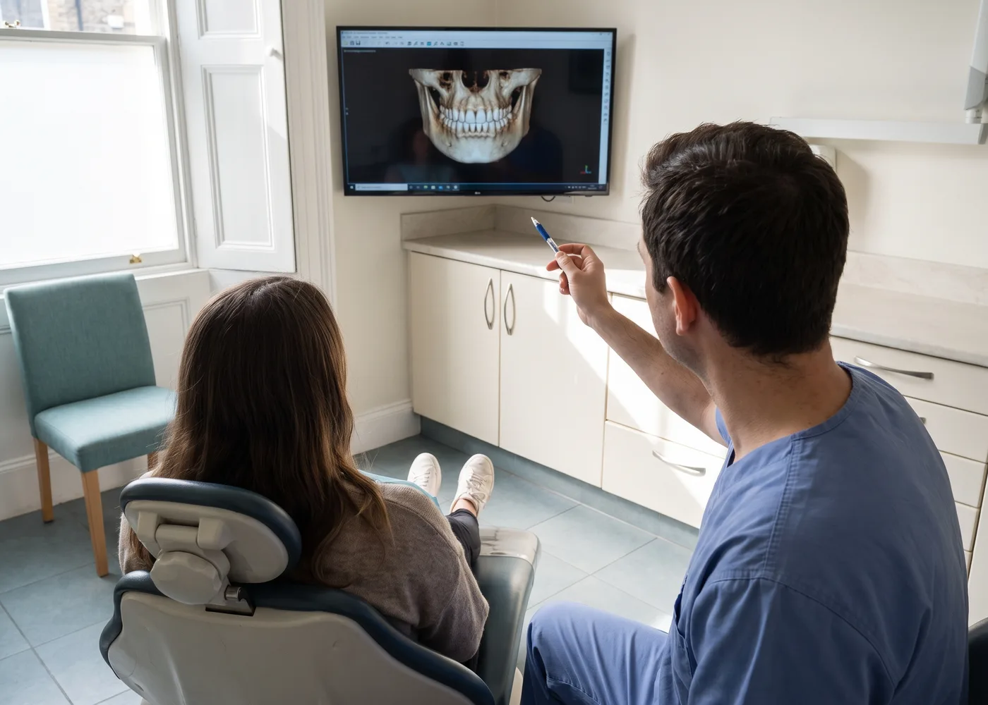 A dentist talking a patient through a scan on a screen beside the chair